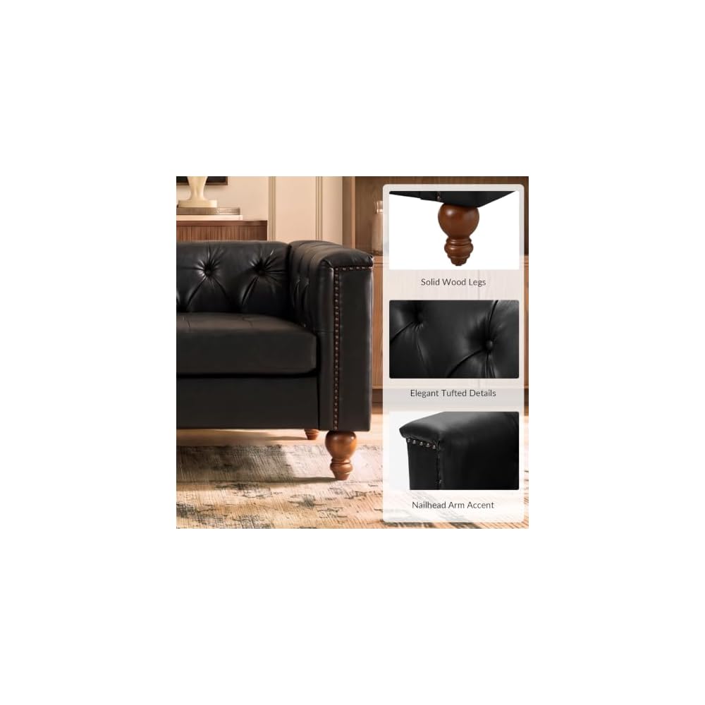 81,5" B Chesterfield-Sofa aus Kunstleder mit knopfgetufteter Rückenlehne, 3-Sitzer-Sofa mit Massivholzbeinen, traditionelles Sofa für Wohnzimmer, Schlafzimmer, Apartment, Schwarz