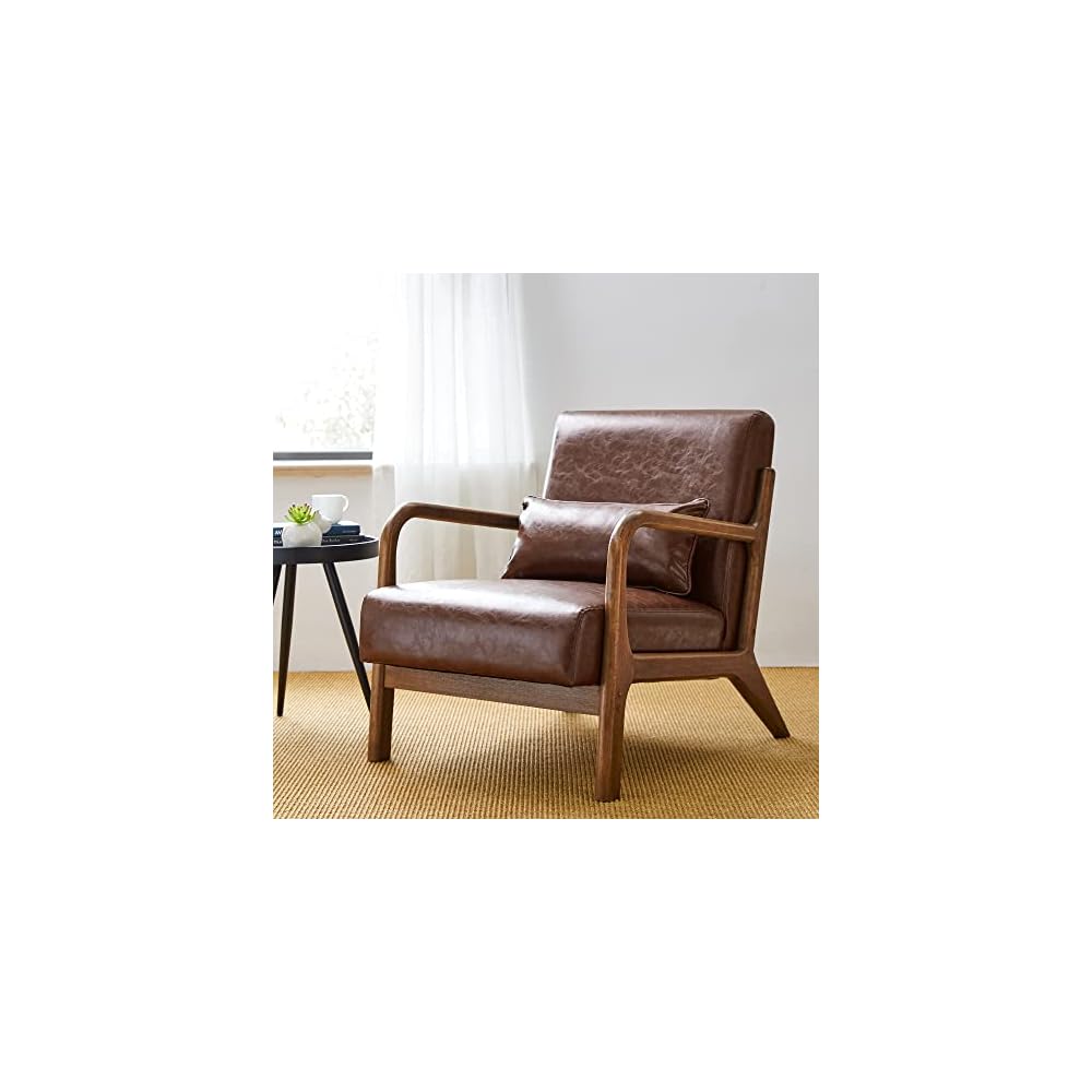30" H Mid Century Yellowish Brown Accent Armchair, Single Reading Sofa, PU Leather Lounge Chair with Walnut Ruberwood Frame for Livingroom or Office