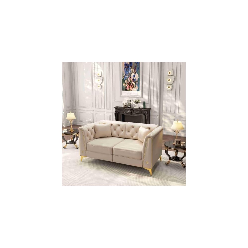 61,8'' Chesterfield-Ecksofa, beige Couch aus Kunstleder, goldene Akzente