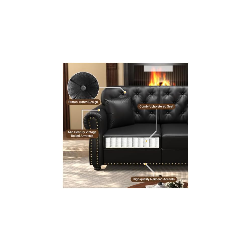 63" Black Faux Leather Chesterfield Loveseat Couch with Rolled Arm