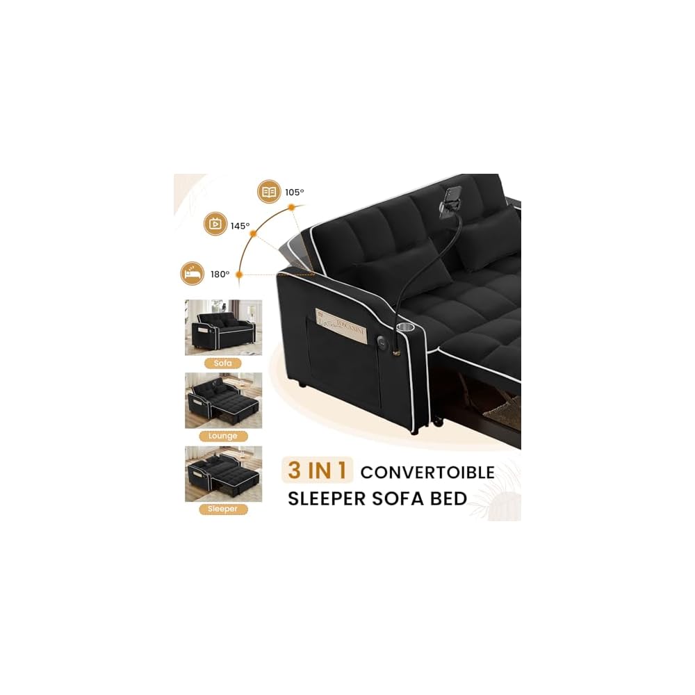 Schlafsofa mit Handyhalterung, modernes 3-in-1 ausziehbares Samt-Futon-Sofa mit USB- & Typ-C-Anschluss & Getränkehalter für Wohnzimmer, Schlafzimmer und Büro