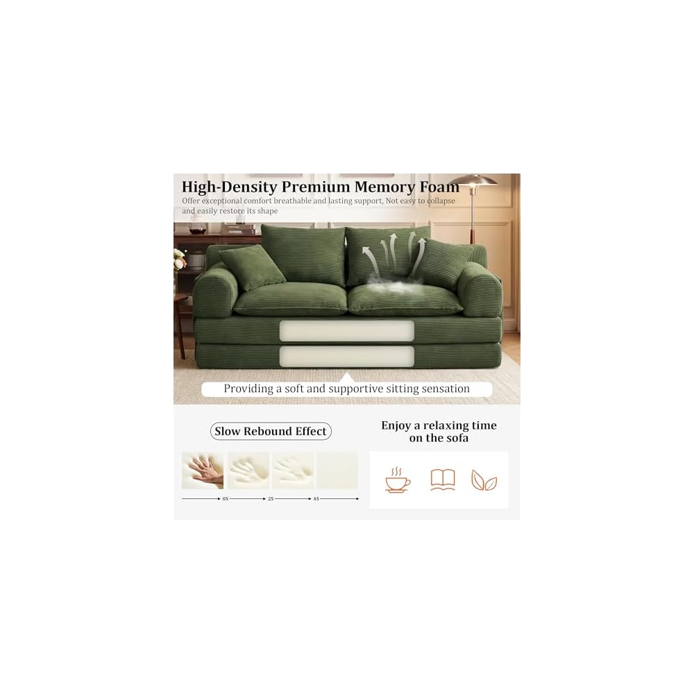 79" Verwandelbares Sofa ohne Armlehnen, grünes Cord-Futonsofa