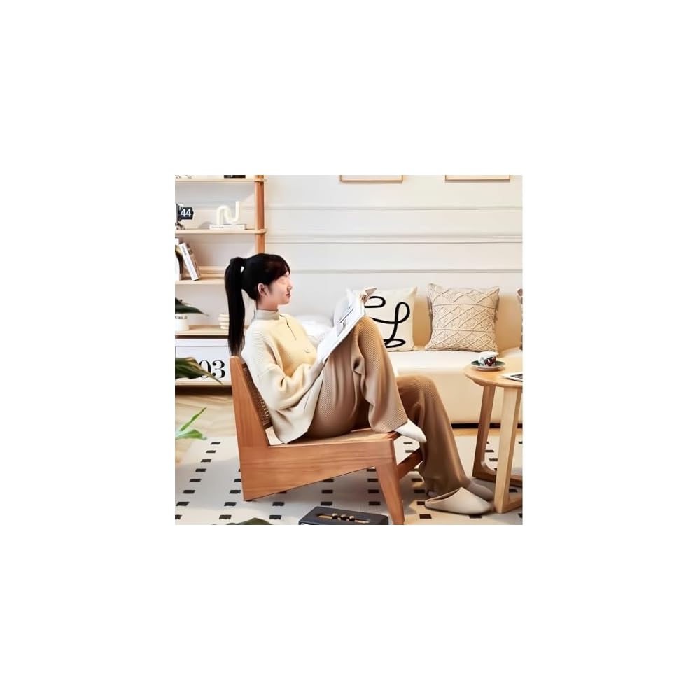 Japanese Sleek Back Support Chair - Solid Wood & Rattan Floor Seating for Balcony, Single Lounge Chair, Modern Design, Comfortable and Stylish (Brown)