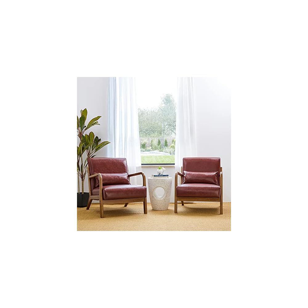 30" H Mid Century Yellowish Brown Accent Armchair, Single Reading Sofa, PU Leather Lounge Chair with Walnut Ruberwood Frame for Livingroom or Office