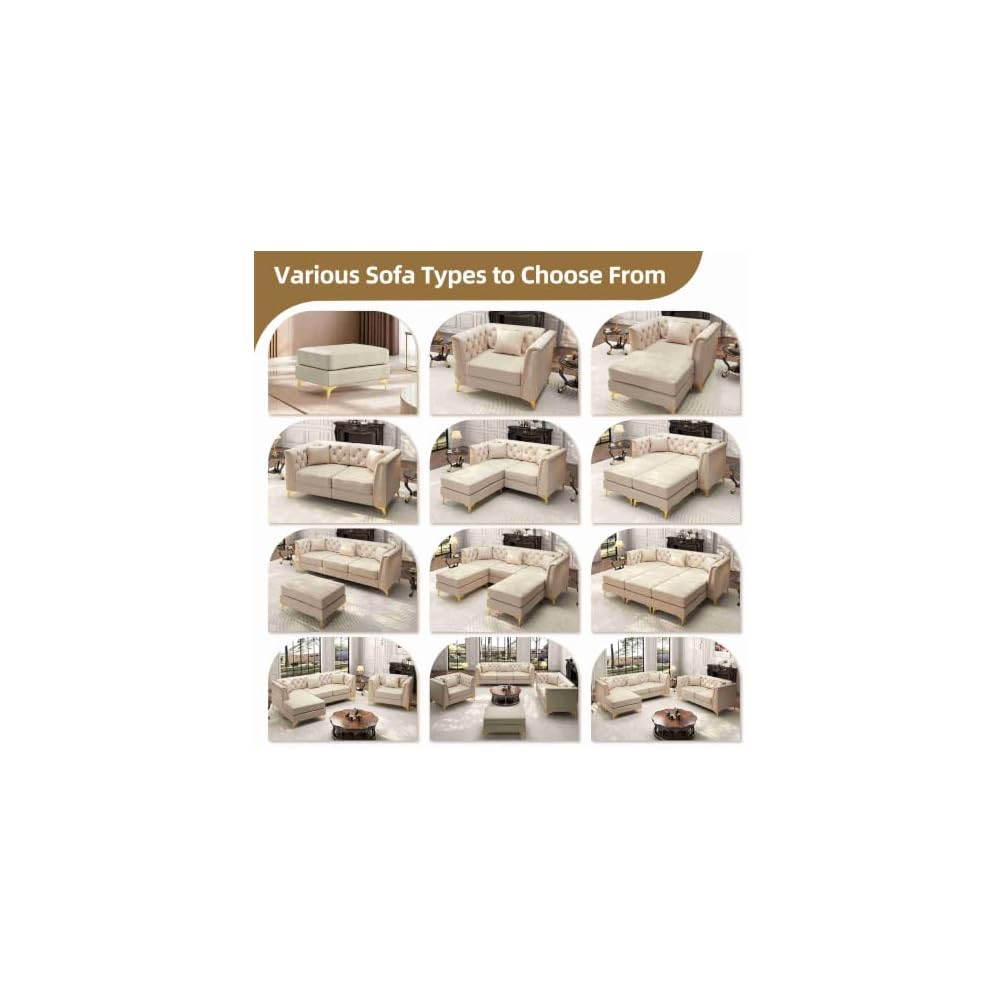 61,8'' Chesterfield-Ecksofa, beige Couch aus Kunstleder, goldene Akzente