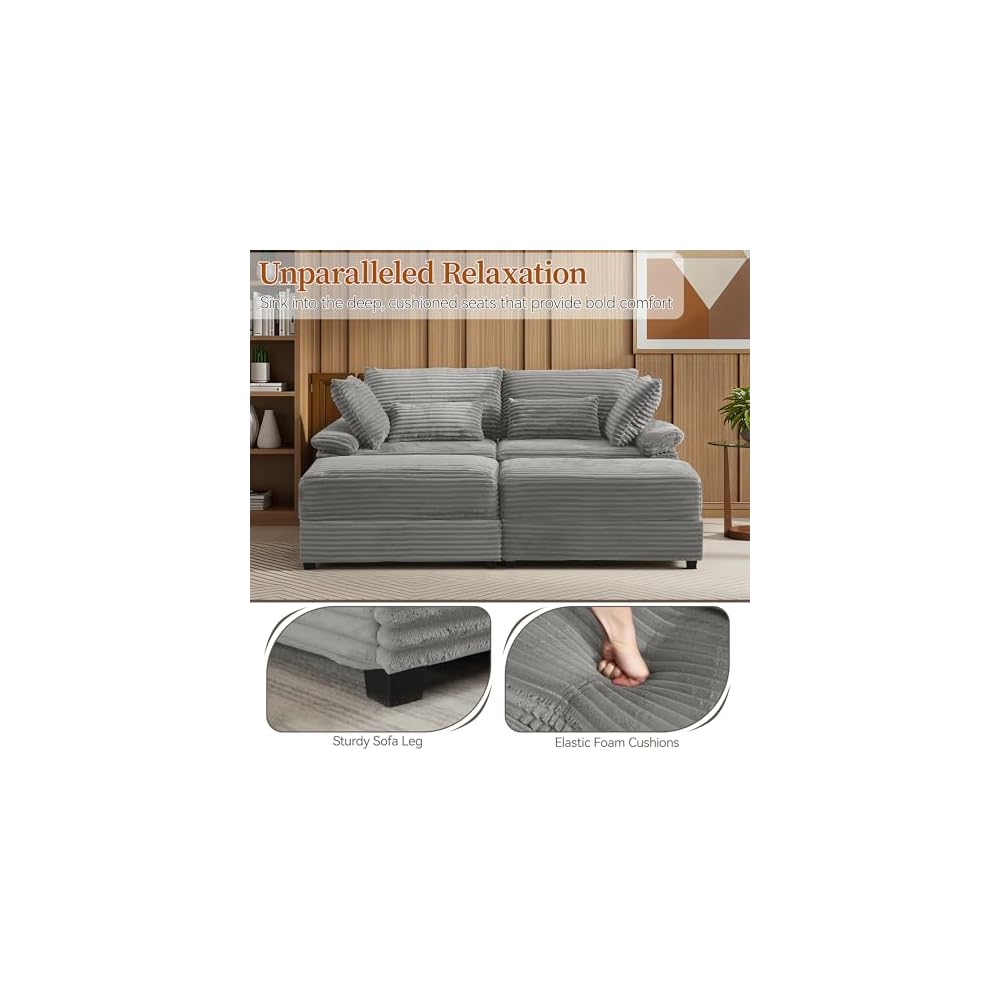 75" übergroßes Zweisitzer-Sofa mit Stauraum-Ottomane & USB-Anschlüssen, tiefes Kordsofa mit Couchtisch, doppelte Récamiere für das Wohnzimmer, Grau