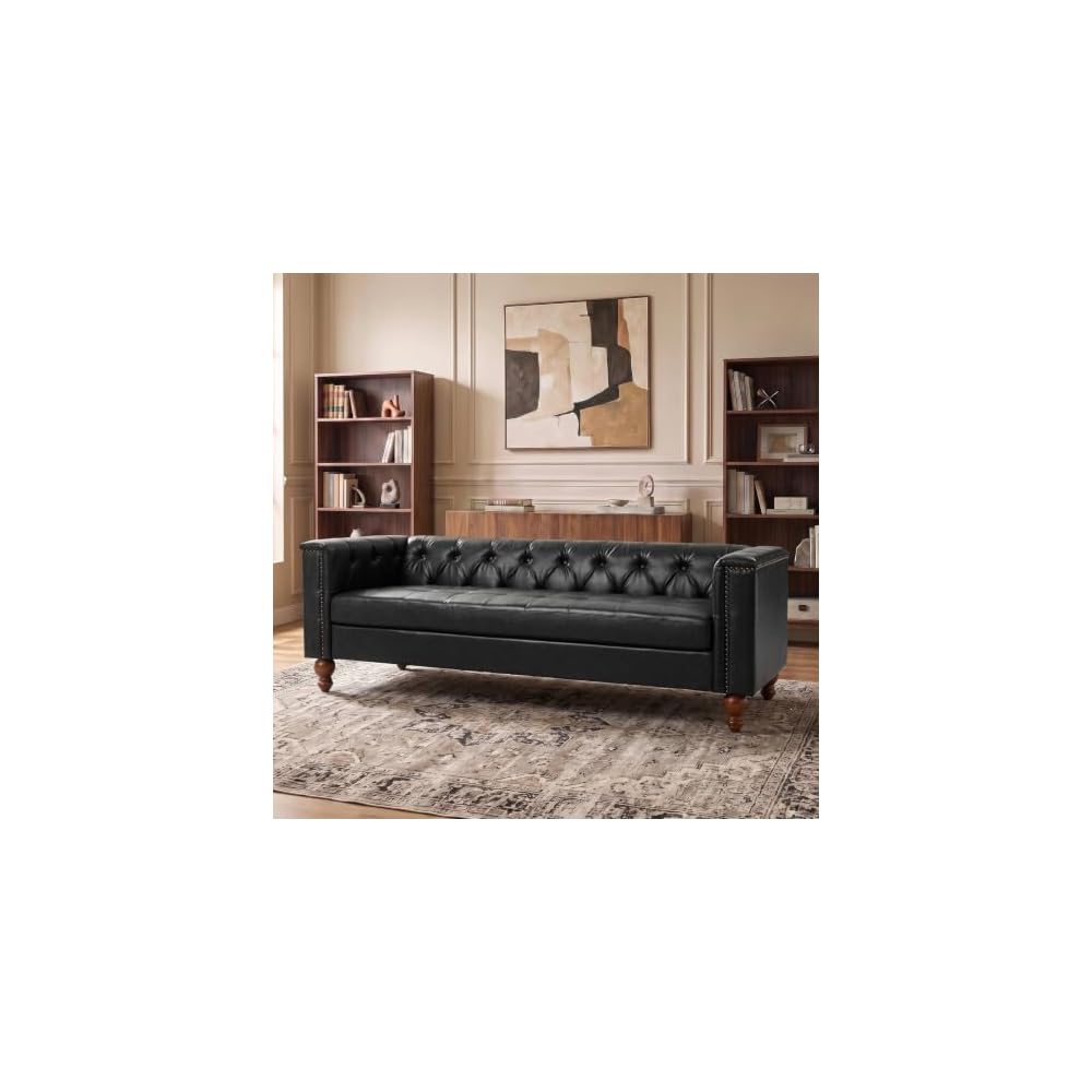 81,5" B Chesterfield-Sofa aus Kunstleder mit knopfgetufteter Rückenlehne, 3-Sitzer-Sofa mit Massivholzbeinen, traditionelles Sofa für Wohnzimmer, Schlafzimmer, Apartment, Schwarz