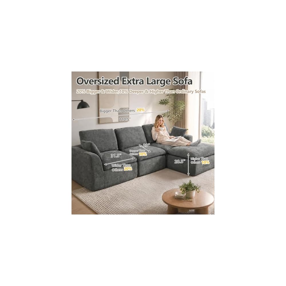 Übergroßes 280 cm Cloud-Sofa, modulares Ecksofa, 4-Sitzer L-Form mit Ottomane, tiefes Chenille-Sofa mit Memory-Schaum, dunkelgrau