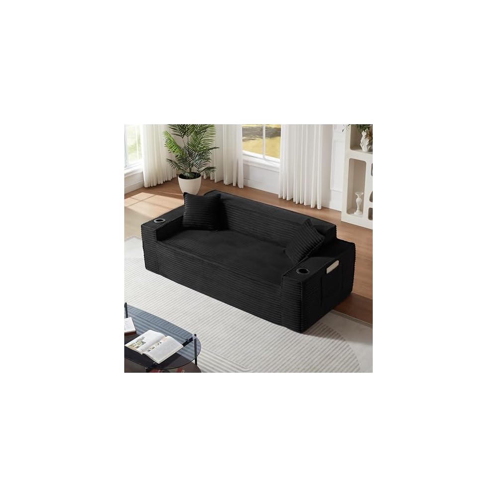 Cloud Loveseat Boneless Sofa Couch in a Box with Cupholders, Modern Corduroy Compressed Sofa for Living Room, 3 Seater High-Density Foam Couch with Pillows, No Assembly Required