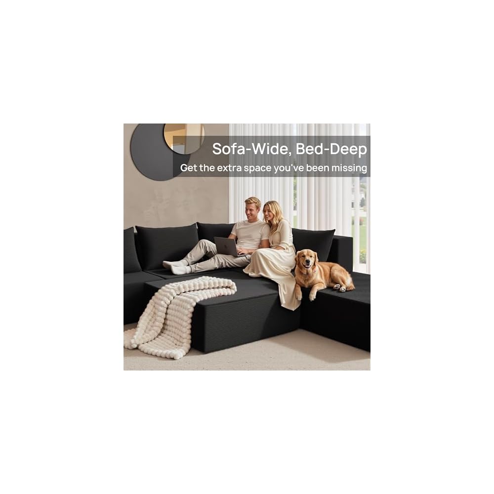140" Modular Sectional Sofa Couches Corduroy Sleeper Deep Seat Sofa Bed, Comfy Cloud Couch for Living Room Floor Sofa, 6 Piece Free Combination Compression, No Assembly Required, Obsidian