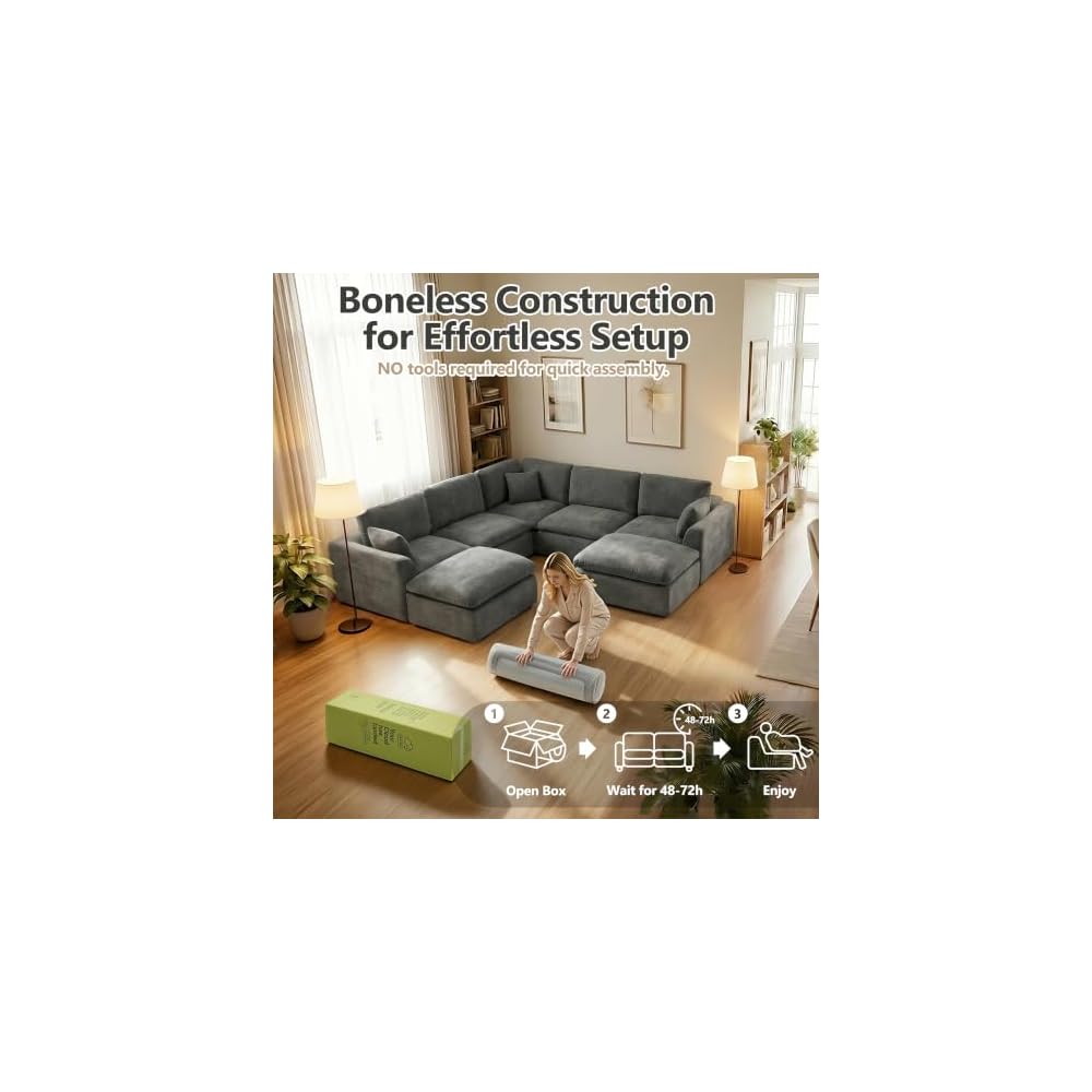 Übergroßes 280 cm Cloud-Sofa, modulares Ecksofa, 4-Sitzer L-Form mit Ottomane, tiefes Chenille-Sofa mit Memory-Schaum, dunkelgrau