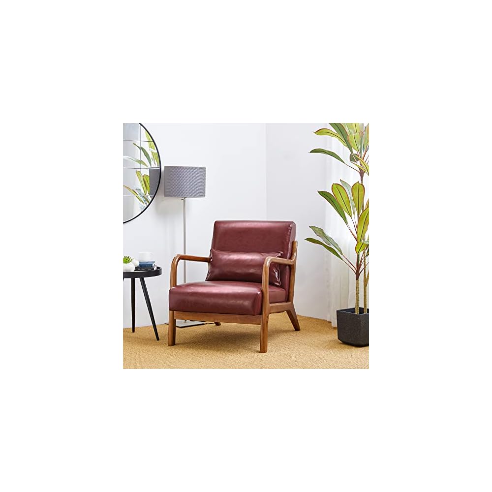 30" H Mid Century Yellowish Brown Accent Armchair, Single Reading Sofa, PU Leather Lounge Chair with Walnut Ruberwood Frame for Livingroom or Office