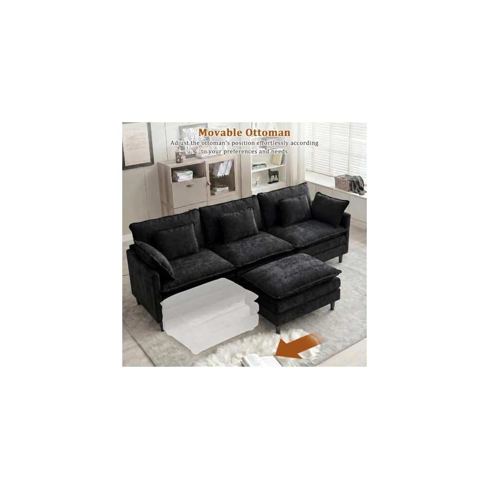 113" Modular Cloud Sectional Sofa, Black L Shaped Deep Seat Couch with Ottoman, 4 Seater Chenille Modular Sofa for Living Room, Apartment