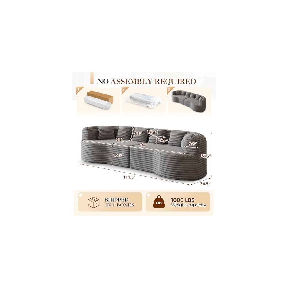 Oversized Curved Sectional Sofa, 111” Modern Boneless Modular 4-Seater Couch with 6 Pillows Corduroy Deep Seat Sofas for Living Room No Assembly Required, Grey