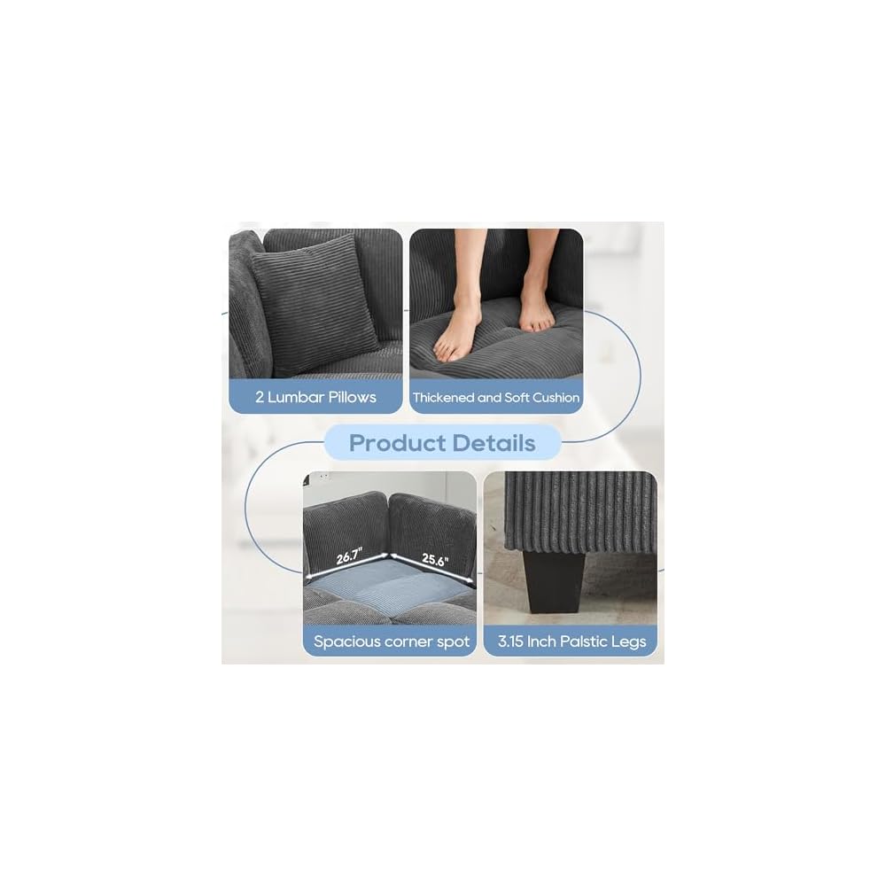 115'' Überdimensionales modulares Ecksofa mit Hocker, U-förmiges modernes Ecksofa für das Wohnzimmer mit 2 Dekokissen und tiefer Sitzfläche, mittig gestepptes Design (Grau, Zweisitzer)