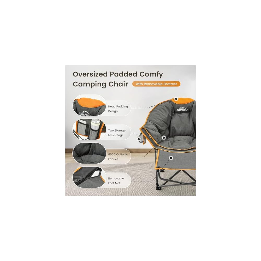 Oversized Padded Comfy Camping Chair with Removable Footrest,Orange