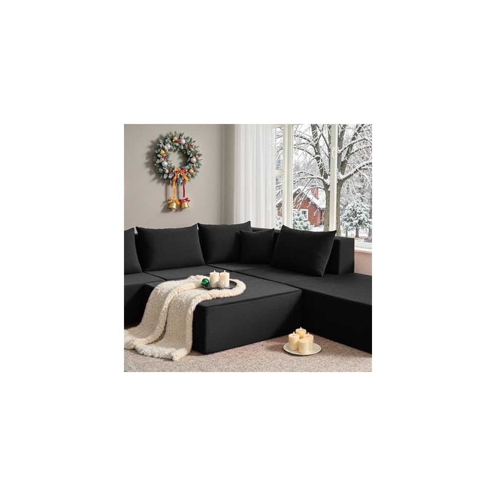 140" Modular Sectional Sofa Couches Corduroy Sleeper Deep Seat Sofa Bed, Comfy Cloud Couch for Living Room Floor Sofa, 6 Piece Free Combination Compression, No Assembly Required, Obsidian