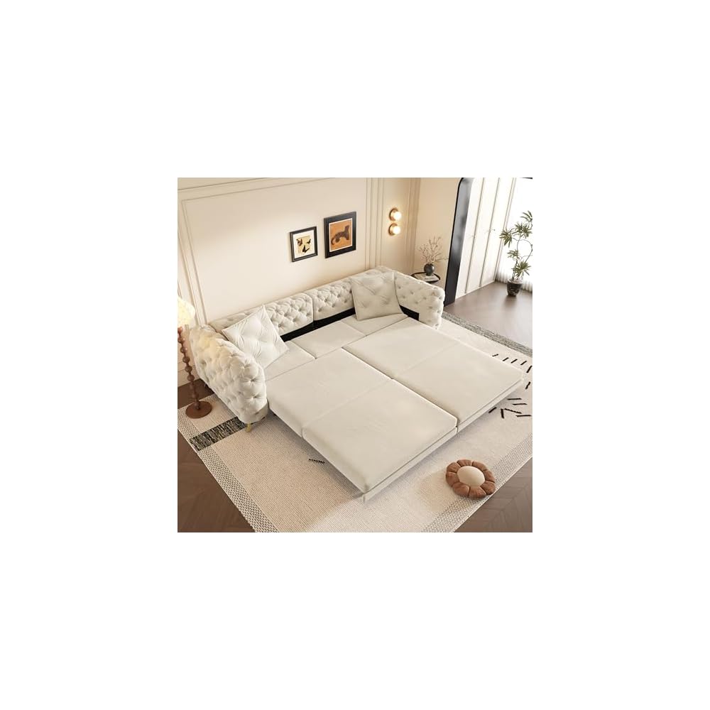 97.7" Convertible Sleeper Sofa Bed, 3 in 1 Pull Out Sofa Bed, Button Tufted Modern Sofa, 4-Seater Couch with Movable Ottoman for Living Room, Bedroom, Apartment, Beige