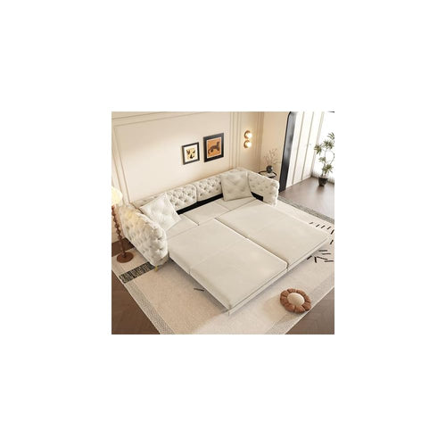 97,7" umwandelbares Schlafsofa, 3-in-1 ausziehbares Schlafsofa, modernes Sofa mit Knopfheftung, 4-Sitzer-Couch mit beweglichem Hocker für Wohnzimmer, Schlafzimmer, Apartment, Beige