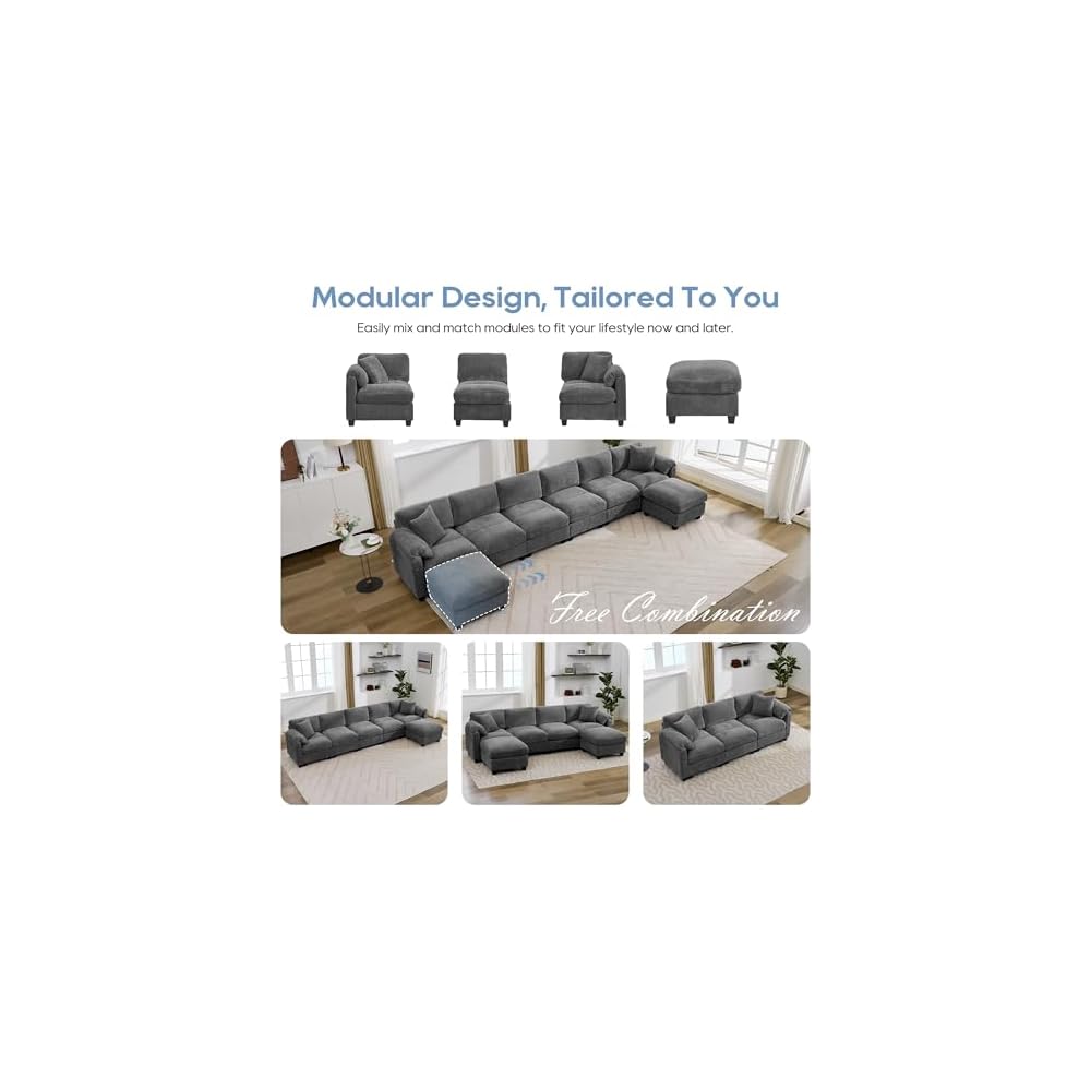 115'' Überdimensionales modulares Ecksofa mit Hocker, U-förmiges modernes Ecksofa für das Wohnzimmer mit 2 Dekokissen und tiefer Sitzfläche, mittig gestepptes Design (Grau, Zweisitzer)