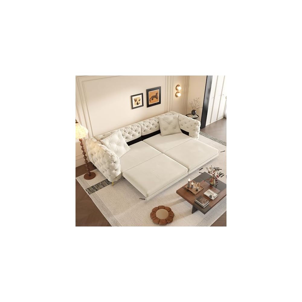 97.7" Convertible Sleeper Sofa Bed, 3 in 1 Pull Out Sofa Bed, Button Tufted Modern Sofa, 4-Seater Couch with Movable Ottoman for Living Room, Bedroom, Apartment, Beige