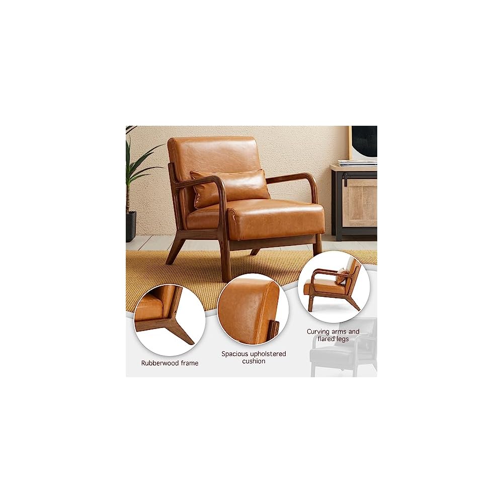 30" H Mid Century Yellowish Brown Accent Armchair, Single Reading Sofa, PU Leather Lounge Chair with Walnut Ruberwood Frame for Livingroom or Office