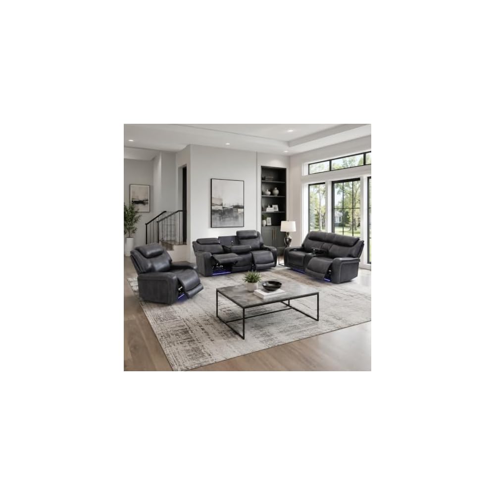Black Genuine Leather 3-Piece Power Reclining Sofa Set