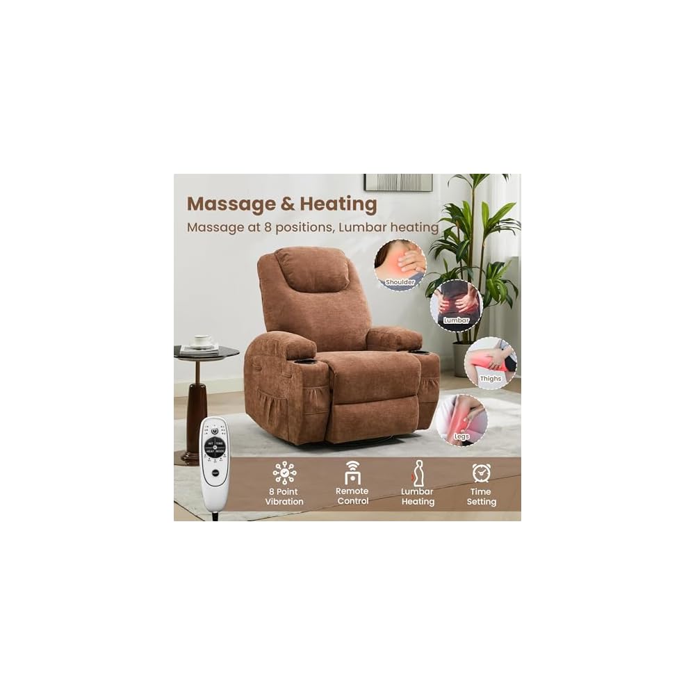 360°-drehbarer Schaukel- und Relaxsessel mit Massage- und Wärmefunktion für Erwachsene, elektrischer Gleit-Relax-Sessel mit weichem Polster und Seitentasche, bequemer Schaukelstuhl für Wohnzimmer oder Kinderzimmer