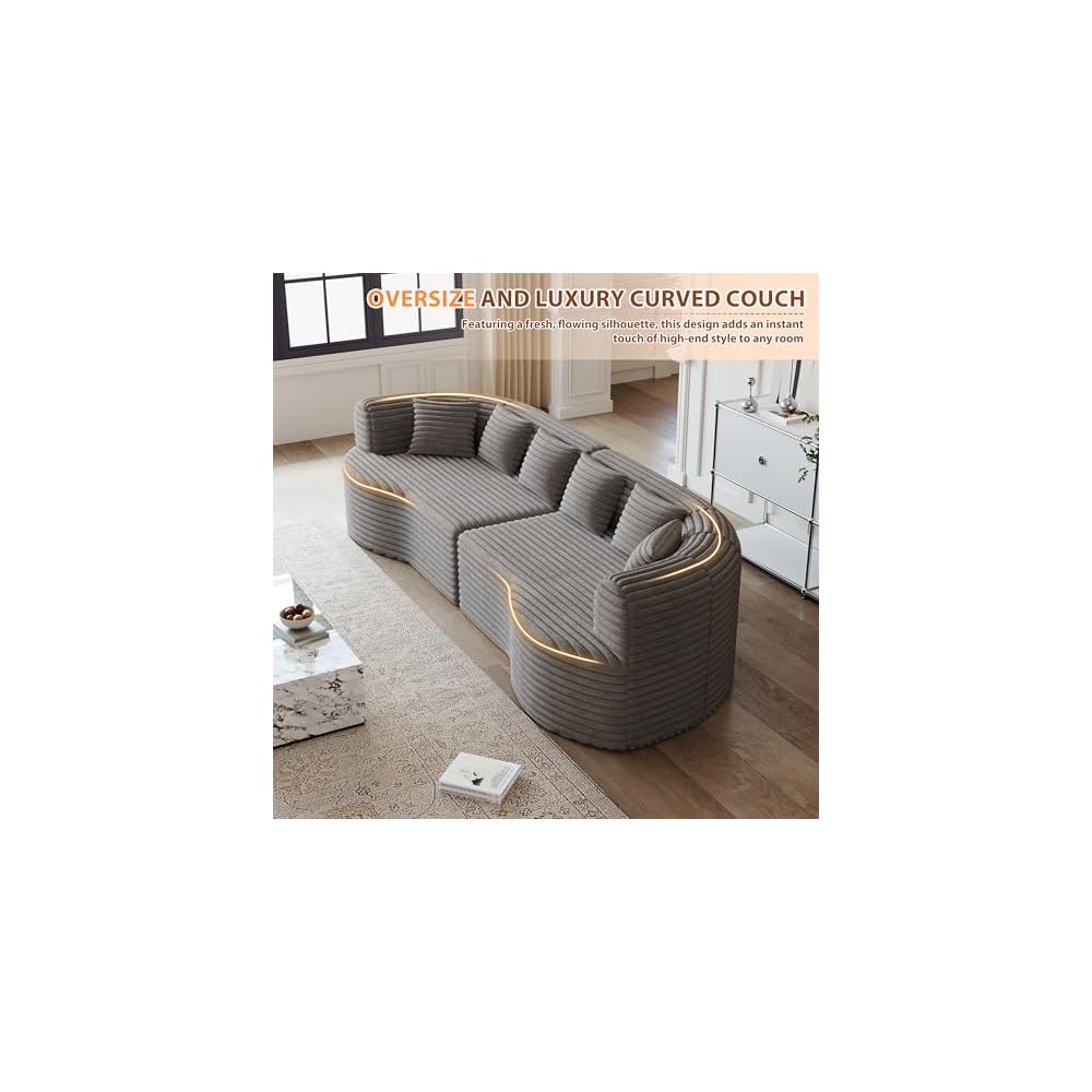 Übergroßes, geschwungenes Ecksofa, 282 cm modernes modulares 4-Sitzer-Sofa ohne Rahmen mit 6 Kissen, tiefsitzendes Cord-Sofa für das Wohnzimmer, kein Aufbau erforderlich, Grau