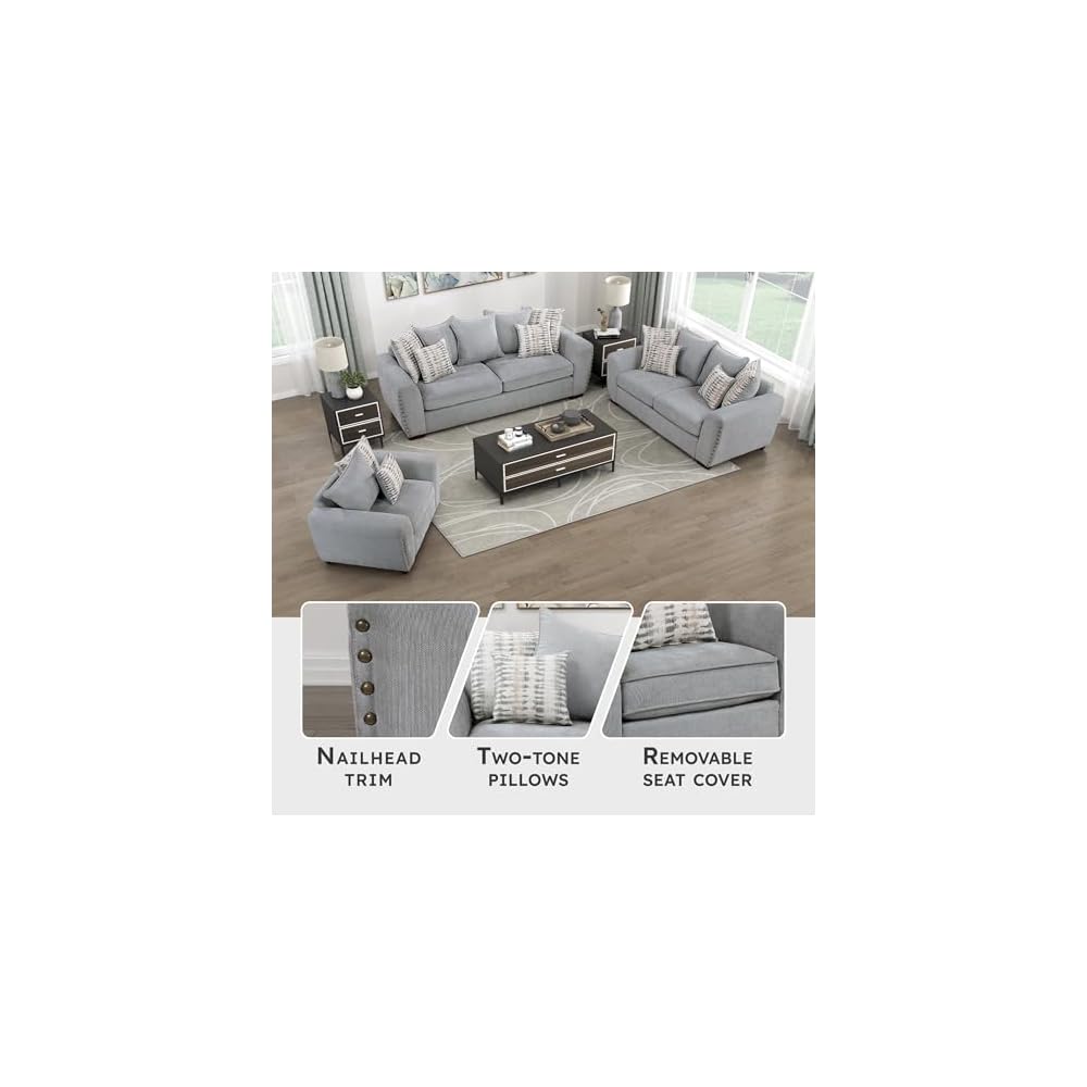 Akzentstuhl, Polstersessel aus Chenille, Einzelsessel mit 3 Kissen, Holzbeine, Armlehnen im Track-Design, Ziernägel, moderner Sessel für Wohnzimmer/Schlafzimmer/Büro/Wartezimmer, Grau