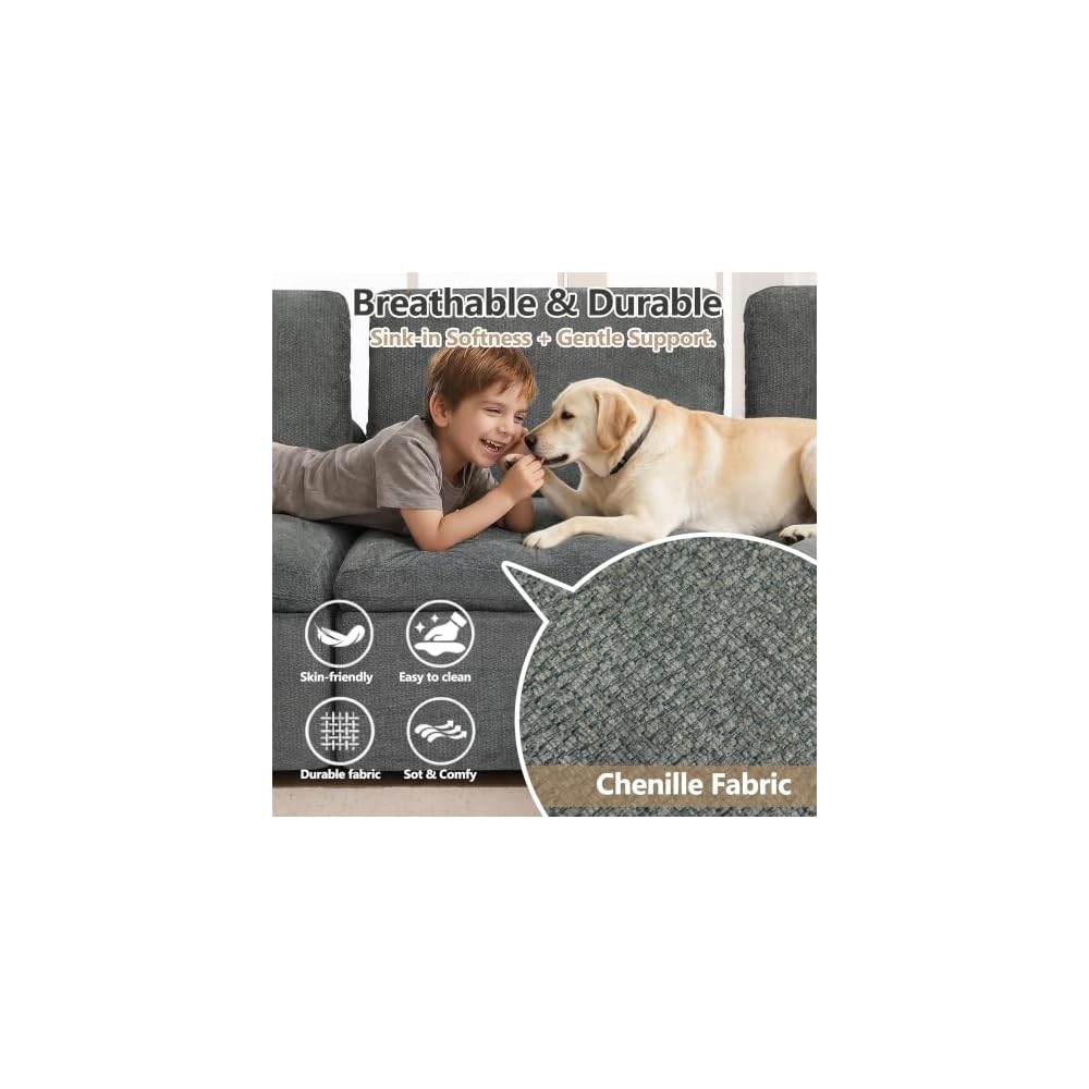 Übergroßes 280 cm Cloud-Sofa, modulares Ecksofa, 4-Sitzer L-Form mit Ottomane, tiefes Chenille-Sofa mit Memory-Schaum, dunkelgrau