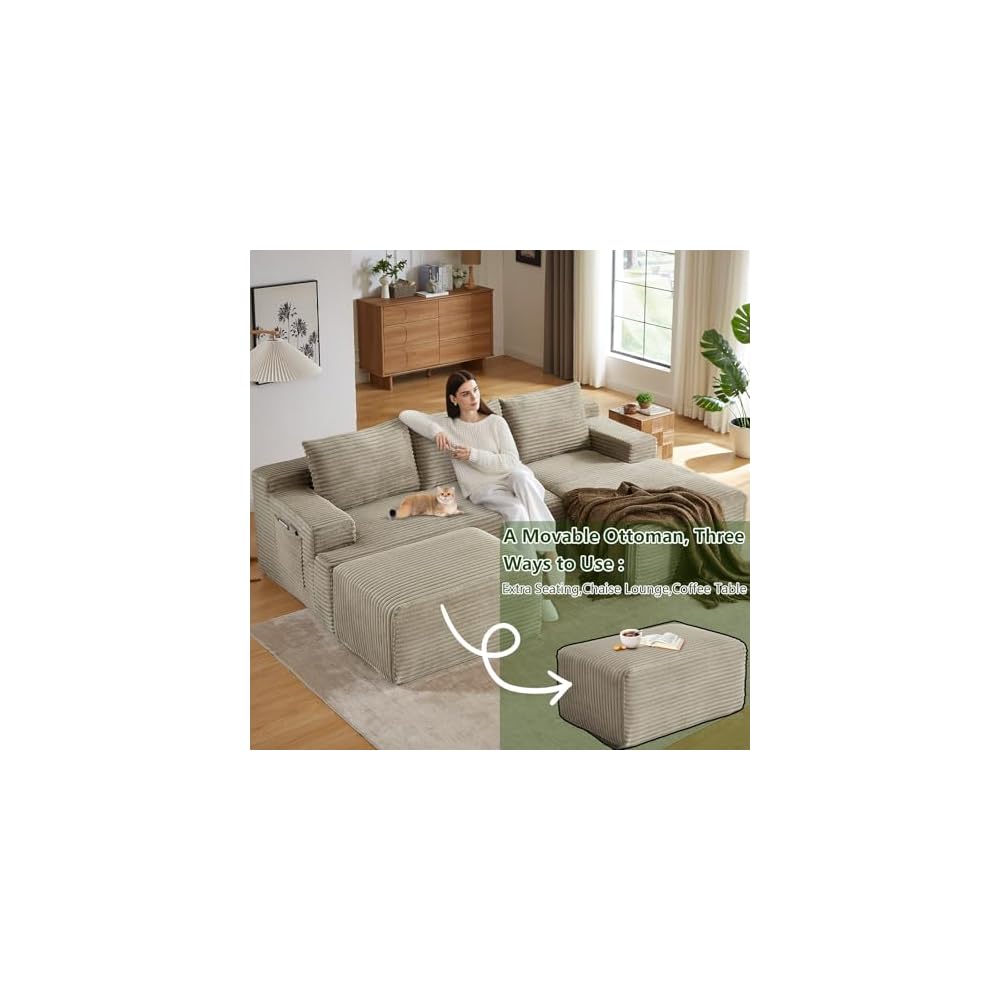 96.1" Modular Sectional Sofa with Ottoman, Modern Corduroy Cloud Couch, Boneless Couch Upholstered 3-Seater U-Shaped Sofa for Living Room, No Assembly (Camel, Right-Facing Chaise)
