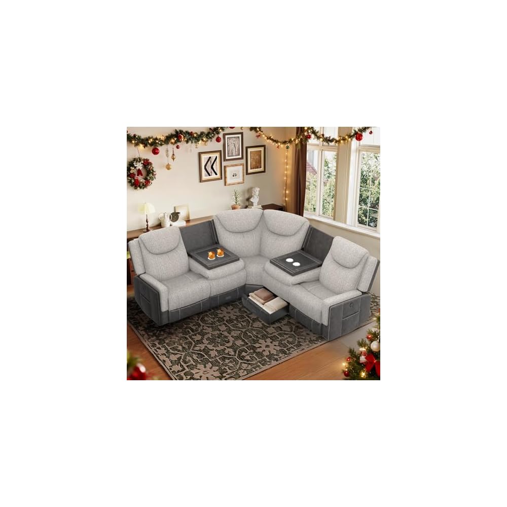Manual Recliner Sectional Sofa for Living Room, Corner Couch with Flip Middle Backrest, USB Ports & Cup Holders, Grey Linen & Chocolate Leather, 5 Seater Sectional Couch