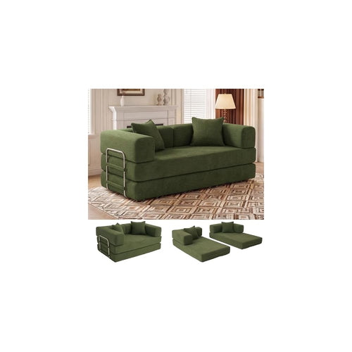 5-in-1 Convertible Sofa Bed,65" Folding Boneless Couch with Fixed-Shape Frame, Corduroy Floor Sofa Loveseat Sleeper for Living Room, Bedroom, Small Apartment, Green