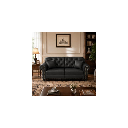 63" Black Faux Leather Chesterfield Loveseat Couch with Rolled Arm