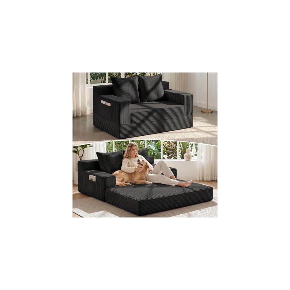 Ausziehbares Schlafsofa, kleines rahmenloses Sofa & rahmenloser Zweisitzer, ausziehbare Couch für kleine Räume, hochwertiges, luxuriöses Klapp-Futon aus Kordsamt mit Seitentasche & 2 Kissen, keine Montage erforderlich
