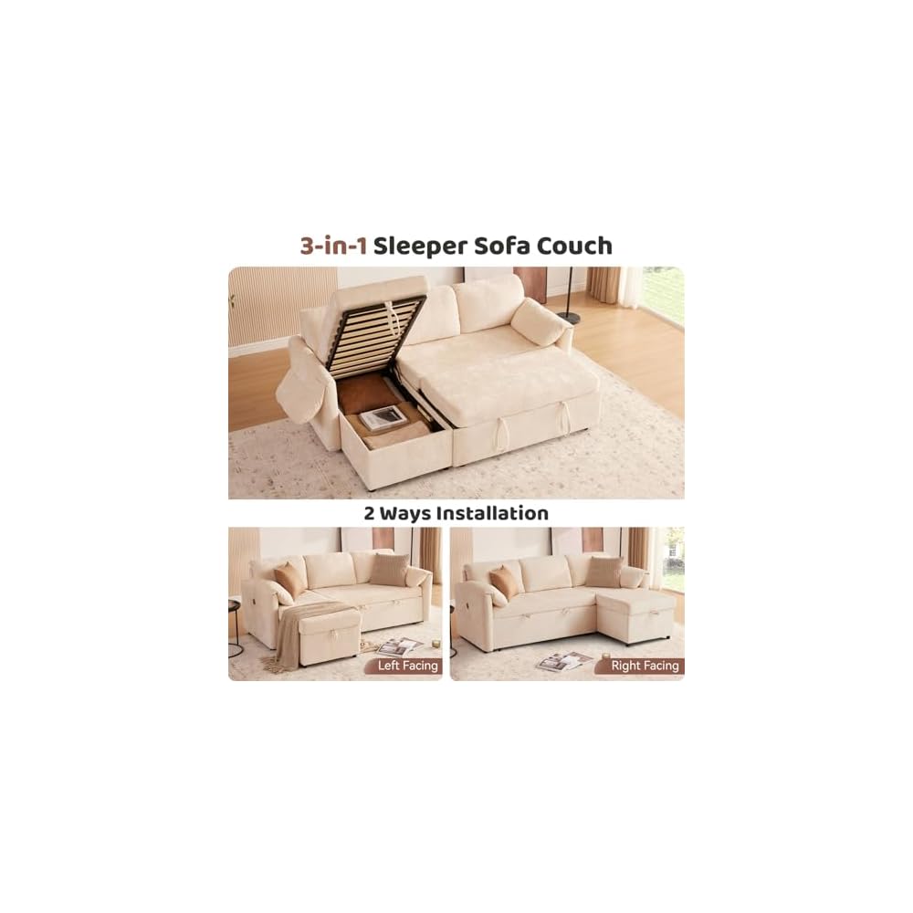 80" 3 in 1 Sleeper Sofa Couch with USB & Storage Chaise, Cloud Sofa Bed with Pull Out Bed, Chenille Convertible Sleeper Sofas for Living Room, Small Spaces, Beige