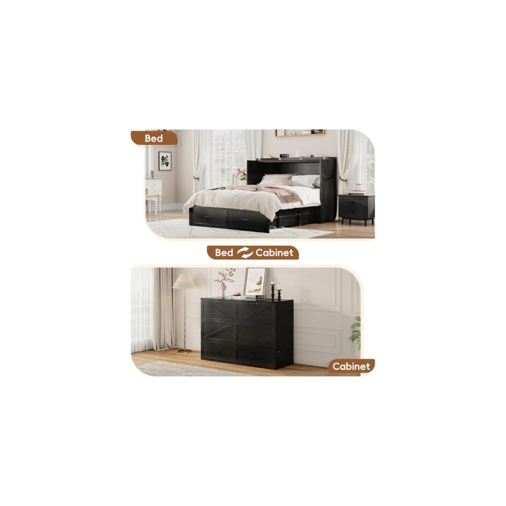 Queen Size Murphy Chest Bed with Drawer and Charging Station, Farmhouse Wood Space-Saving Hidden Folding Bed Chest, Multifunctional Storage Cabinet Beds for Bedroom, Office, Black