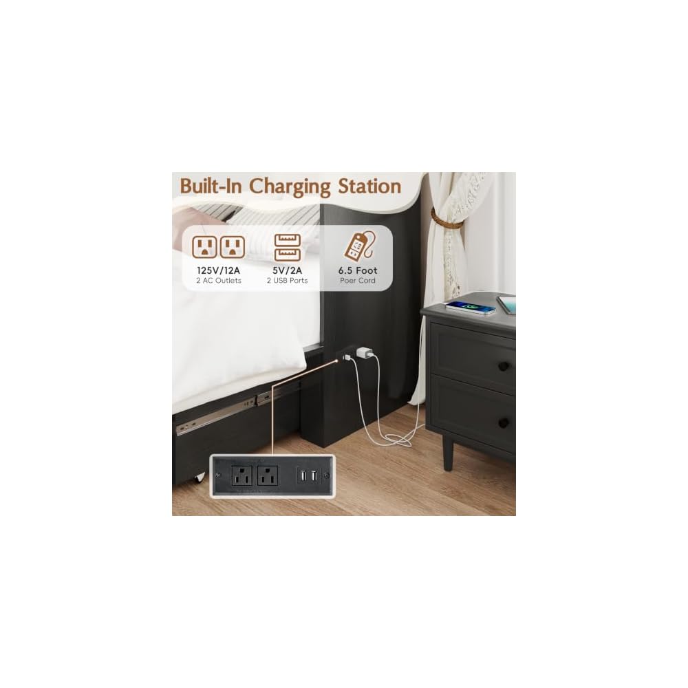 Queen Size Murphy Chest Bed with Drawer and Charging Station, Farmhouse Wood Space-Saving Hidden Folding Bed Chest, Multifunctional Storage Cabinet Beds for Bedroom, Office, Black