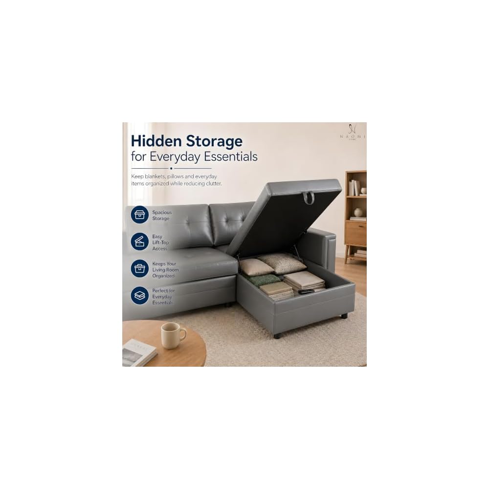 L-Shaped Air Leather Sleeper Sectional Sofa, Gray