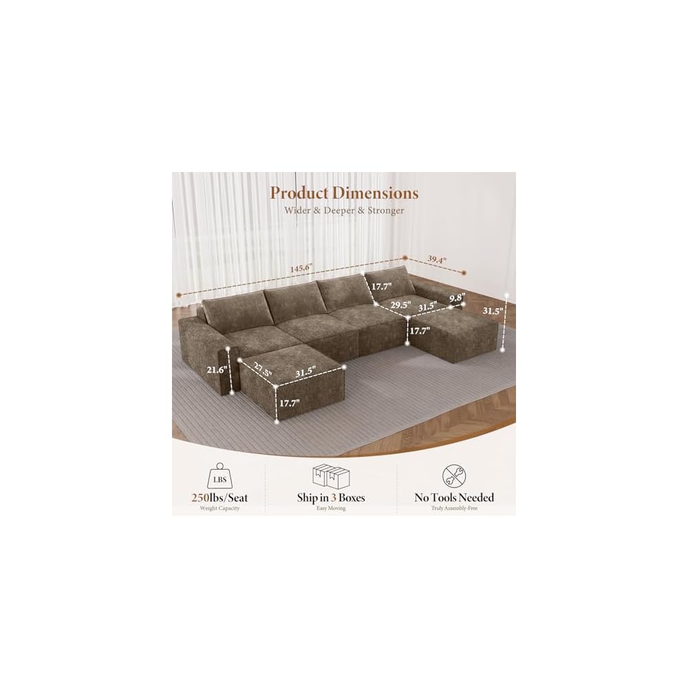 145.6" U Shaped 6 Seater Boneless Sectional Couch, Dark Brown