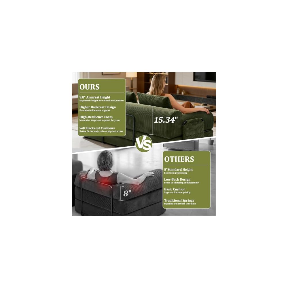 79" Verwandelbares Sofa ohne Armlehnen, grünes Cord-Futonsofa