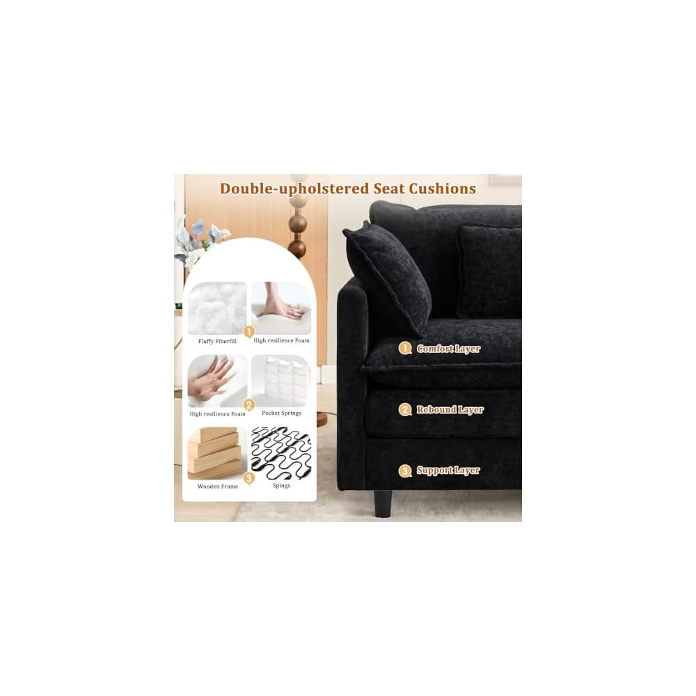 113" Modulares Cloud-Ecksofa, schwarze L-förmige Couch mit tiefer Sitzfläche und Hocker, 4-Sitzer Chenille-Modulsofa für Wohnzimmer, Apartment