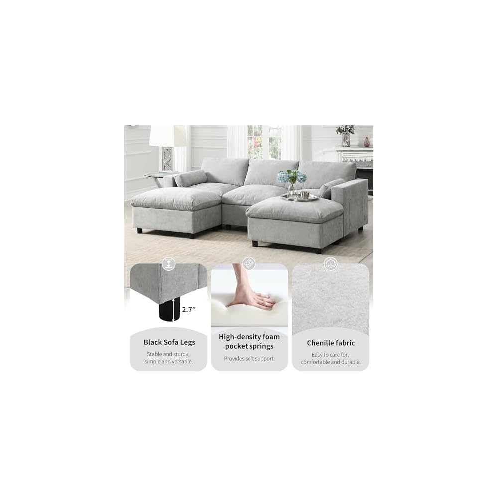 86.5" Sectional Sofa with Storage Pockets & Removable Ottomans, 5 Seat U Shaped Sleeper Cloud Couch Set, Convertible L-Shaped Chenille Upholstered SofaBed for Living Room and Apartment, Grey