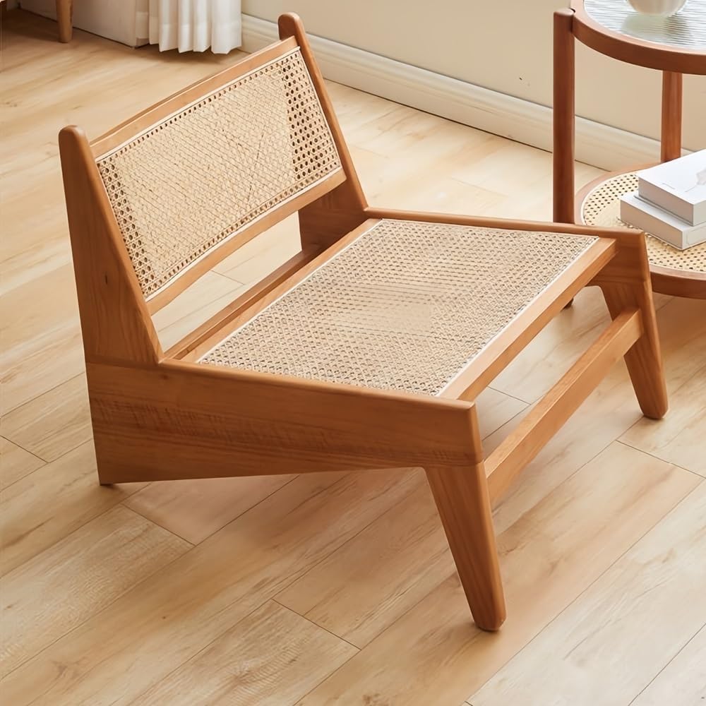Japanese Sleek Back Support Chair - Solid Wood & Rattan Floor Seating for Balcony, Single Lounge Chair, Modern Design, Comfortable and Stylish (Brown)