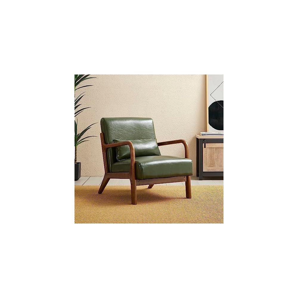 30" H Mid Century Yellowish Brown Accent Armchair, Single Reading Sofa, PU Leather Lounge Chair with Walnut Ruberwood Frame for Livingroom or Office