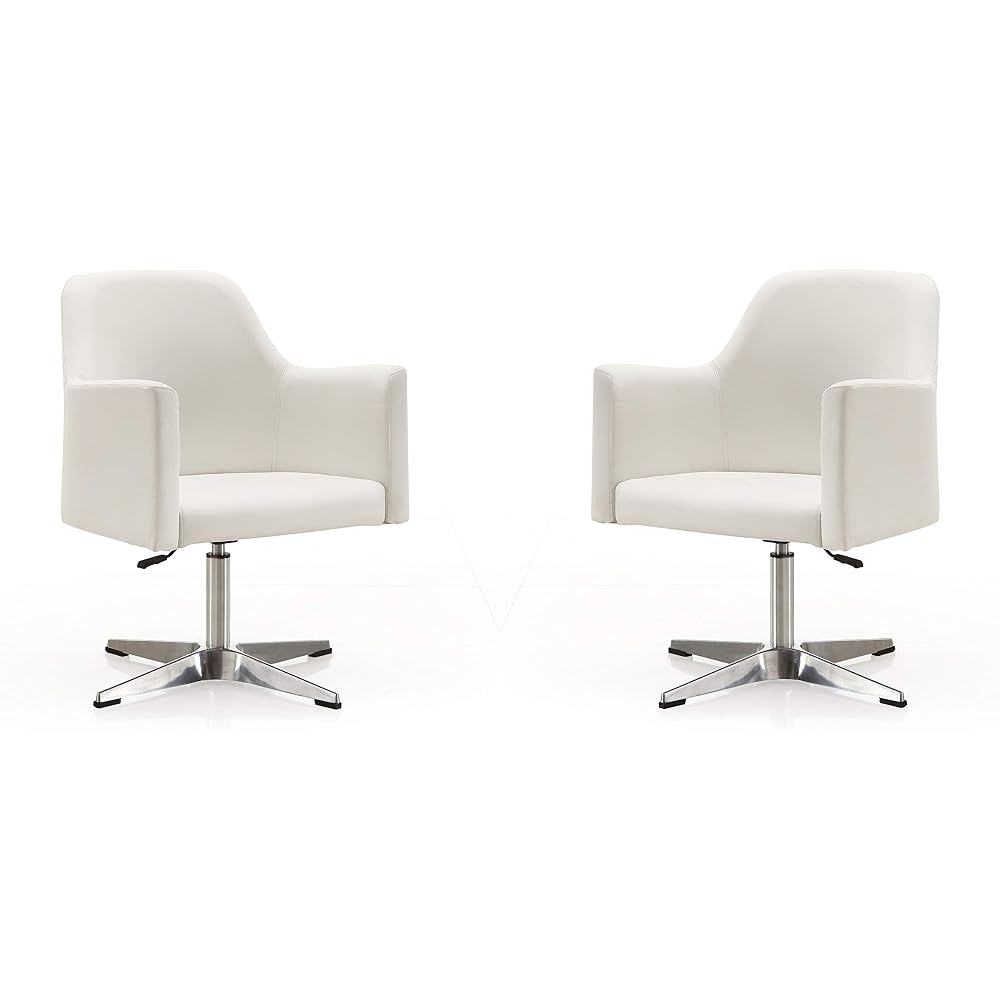 Pelo Modern Swivel Accent Chair with 360° Turn, Adjustable Height, Faux Leather Upholstery & Chrome Base, Unique Tight Welded Construction, Set of 2, White