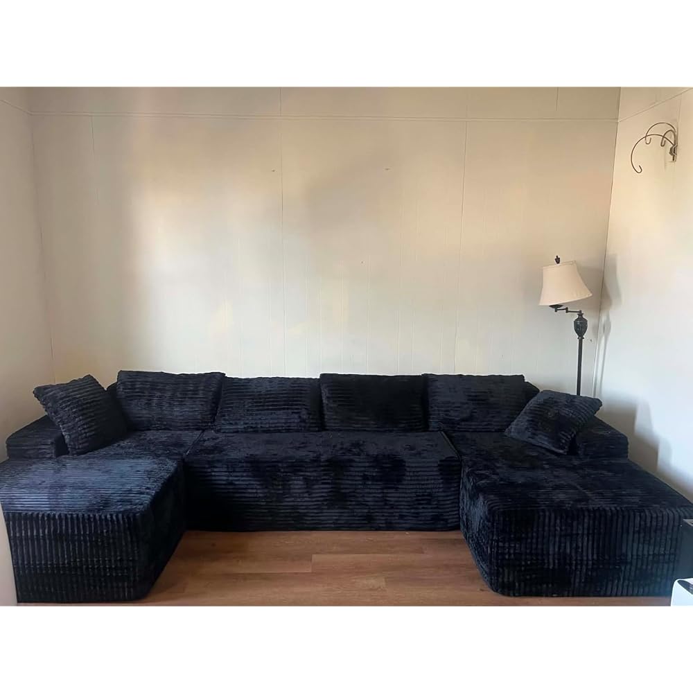 133" Oversized Modular Sectional Sofa, U-Shaped Boneless Couch with Double Chaise, Comfy Corduroy Cloud Couch Sectional, Deep Seat Sectional Couches for Living Room, No Assembly Required, Black