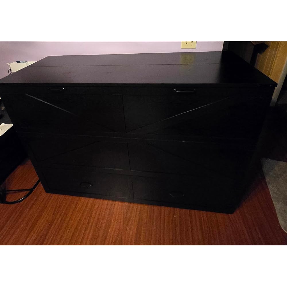 Queen Size Murphy Chest Bed with Drawer and Charging Station, Farmhouse Wood Space-Saving Hidden Folding Bed Chest, Multifunctional Storage Cabinet Beds for Bedroom, Office, Black