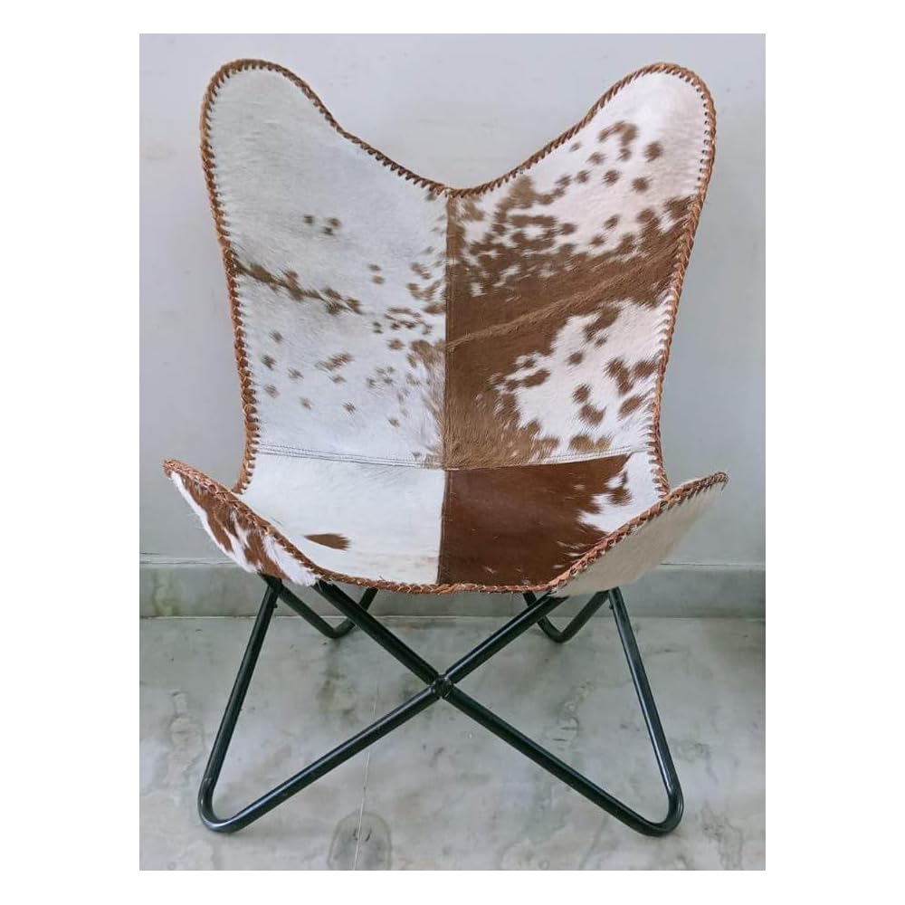 Corium Leather Living Room Chairs, Leather Butterfly Chair, Handmade Tan White Hairon Home Decor